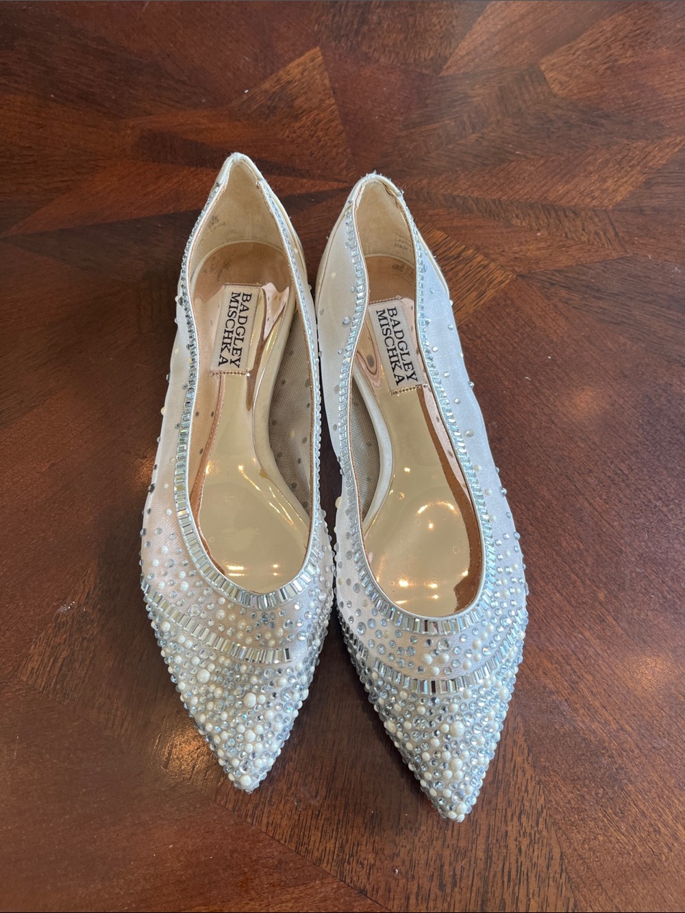 Badgley Mischka Ivory Pearl & Crystal Embellished Pointed Heels